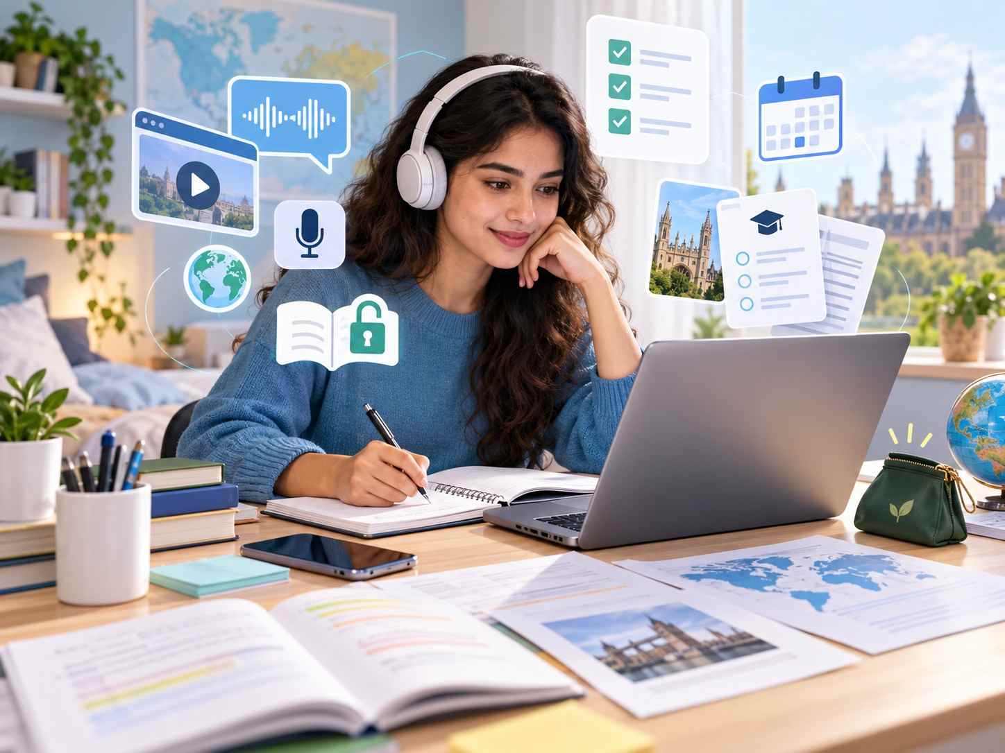 Student preparing for IELTS online using free study resources, practice tests, listening tools and digital learning materials.